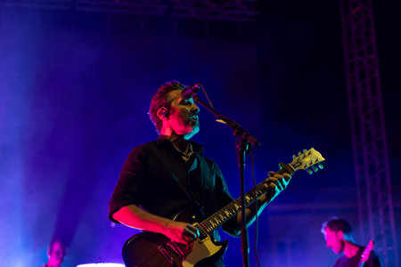 FARO, PORTUGAL: 5th SEPTEMBER, 2024 - Music artist, Tiago Bettencourt, performs on Festival F, a big festival on the city of Faro, Portugal.のeditorial素材