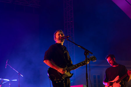 FARO, PORTUGAL: 5th SEPTEMBER, 2024 - Music artist, Tiago Bettencourt, performs on Festival F, a big festival on the city of Faro, Portugal.のeditorial素材