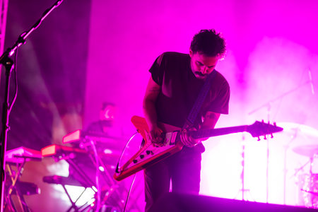 FARO, PORTUGAL: 5th SEPTEMBER, 2024 - Music artist, Tiago Bettencourt, performs on Festival F, a big festival on the city of Faro, Portugal.のeditorial素材