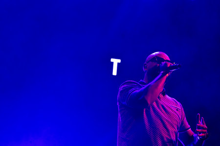 FARO, PORTUGAL: 5th SEPTEMBER, 2024 - Music artist, Tribruto, performs on Festival F, a big festival on the city of Faro, Portugal.のeditorial素材