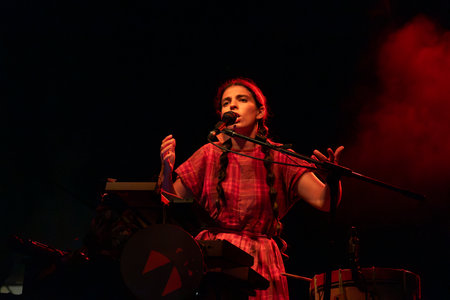 FARO, PORTUGAL: 5th SEPTEMBER, 2024 - Music artist, Ana Lua Caiano, performs on Festival F, a big festival on the city of Faro, Portugal.のeditorial素材