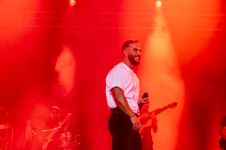 FARO, PORTUGAL: 5th SEPTEMBER, 2024 - Music artist, Nininho Vaz Maia, performs on Festival F, a big festival on the city of Faro, Portugal.のeditorial素材