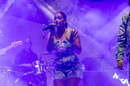 FARO, PORTUGAL: 6th SEPTEMBER, 2024 - Music artist, Art Musa, performs on Festival F, a big festival on the city of Faro, Portugal.のeditorial素材