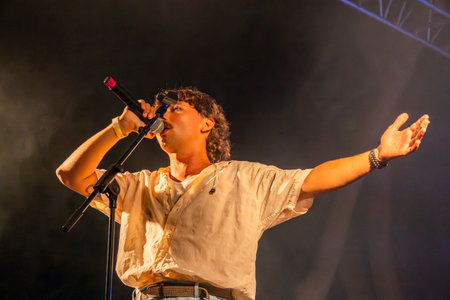FARO, PORTUGAL: 5th SEPTEMBER, 2024 - Music artist, Filipe Karlsson performs on Festival F, a big festival on the city of Faro, Portugal.のeditorial素材