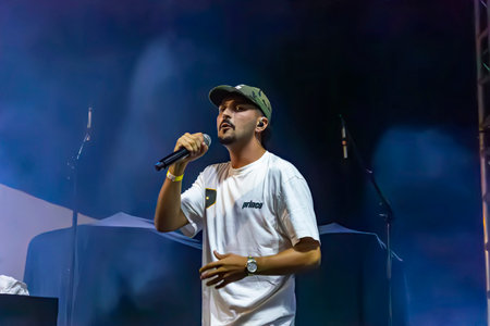 FARO, PORTUGAL: 5th SEPTEMBER, 2024 - Music artist, Azart artist performs on Festival F, a big festival on the city of Faro, Portugal.のeditorial素材