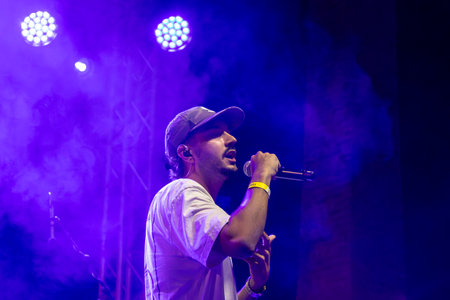 FARO, PORTUGAL: 5th SEPTEMBER, 2024 - Music artist, Azart artist performs on Festival F, a big festival on the city of Faro, Portugal.のeditorial素材