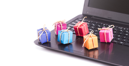 colorful gift boxes on computerの写真素材