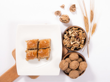 Walnut baklava and wheat spikeの写真素材