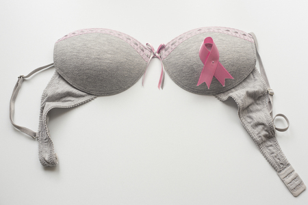 pink ribbon on bra. breast cancer conceptの写真素材