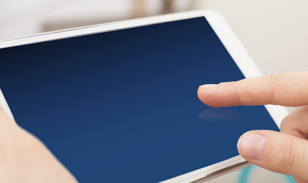 female touch blank blue screen on tablet