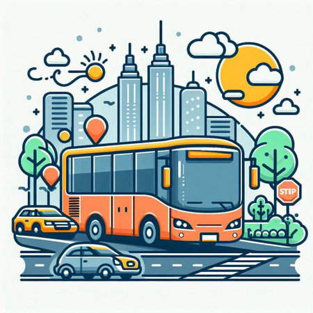 City bus on the background of skyscrapers. Vector illustration.のイラスト素材