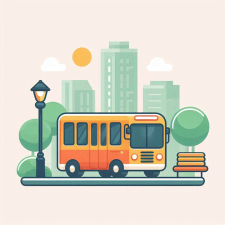 School bus in the city. Vector illustration in flat design style.のイラスト素材