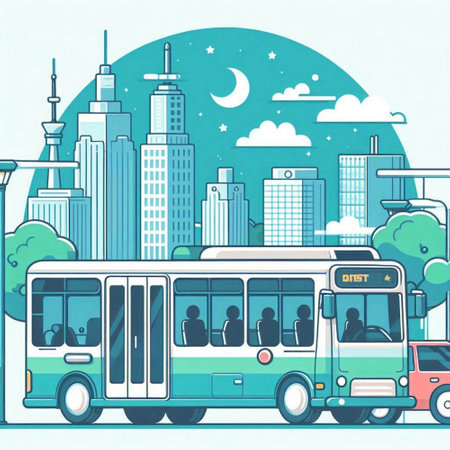 Bus on the background of the city. Vector illustration in flat styleのイラスト素材