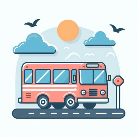Bus on the road. Vector illustration in flat design style. Traveling by bus.のイラスト素材