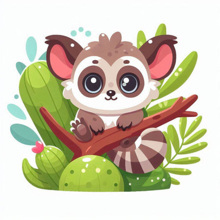 Cute little lemur sitting on a tree branch. Vector illustration.のイラスト素材