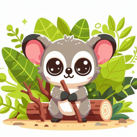 Cute koala sitting on a log in the jungle. Vector illustrationのイラスト素材