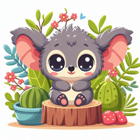 Cute cartoon koala sitting on a tree stump with flowers. Vector illustration.のイラスト素材