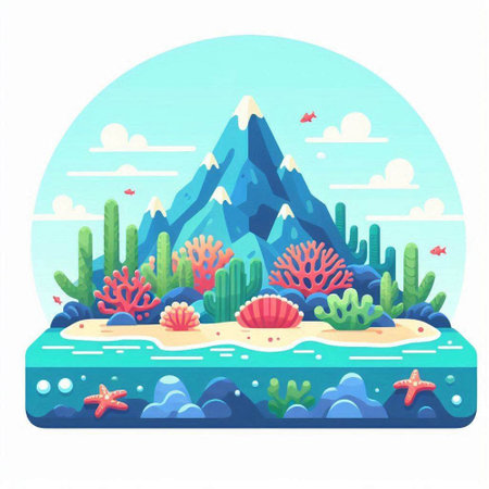 Underwater landscape with coral reef, fish, seaweed and mountains. Vector illustrationのイラスト素材