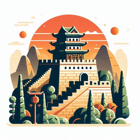 Vector illustration of the ancient Chinese fortress. Colorful flat design.のイラスト素材