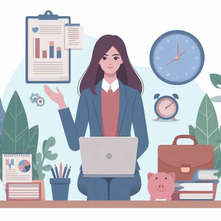 Business woman sitting at desk in office with laptop. Flat vector illustration.のイラスト素材