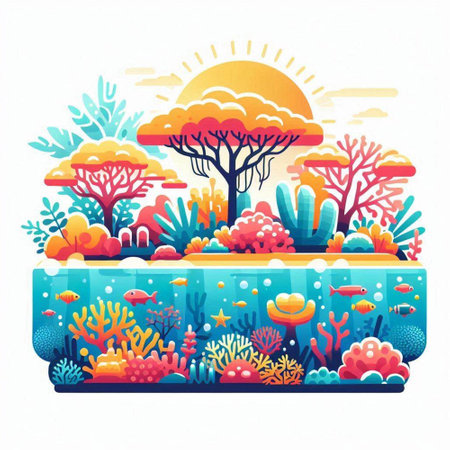 Coral reef landscape in flat style. Underwater world. Vector illustration.のイラスト素材