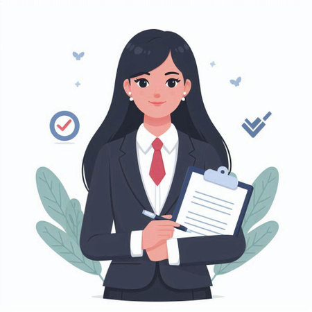 Businesswoman with clipboard and checklist. Vector illustration in cartoon style.のイラスト素材