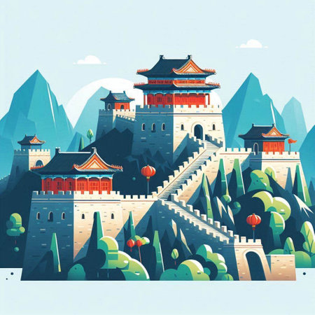 Ancient Chinese fortress on the top of the mountain. Vector illustration.のイラスト素材