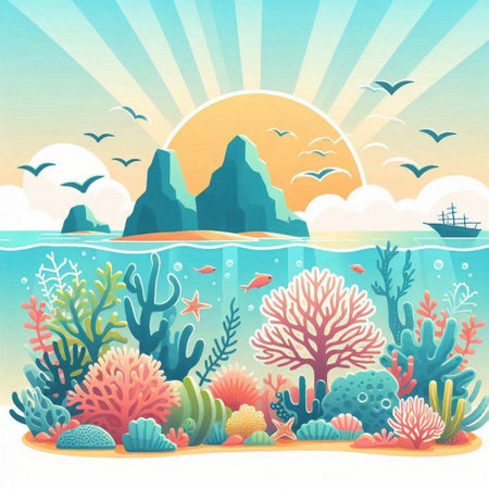 Underwater landscape with coral reef and ship. Vector cartoon illustration.のイラスト素材