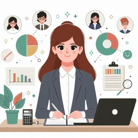 Business woman working at office. Vector illustration in flat cartoon style.のイラスト素材