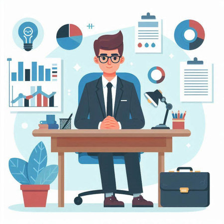 Businessman sitting at the office desk. Vector flat cartoon illustration.のイラスト素材