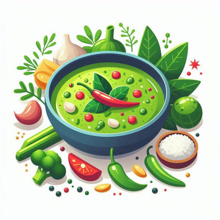 Green curry in bowl with ingredients. Vector illustration in cartoon style.のイラスト素材