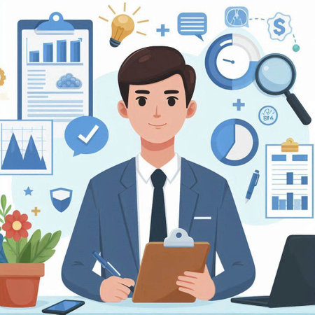 Businessman working in office. Vector illustration in flat cartoon style.のイラスト素材