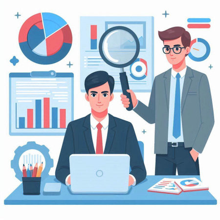 Businessman working at office with laptop and magnifying glass. Vector illustrationのイラスト素材