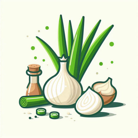 Garlic, onion, salt, pepper and green onions. Vector illustration.のイラスト素材