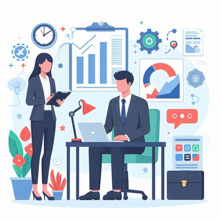 Businessman and businesswoman working together in office. Teamwork, partnership, cooperation concept. Vector illustration in flat styleのイラスト素材