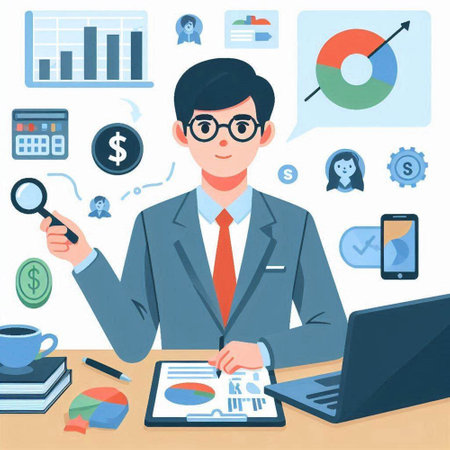 Businessman working at office, analyzing financial data. Vector illustration.のイラスト素材