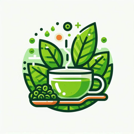 Green tea logo. Vector illustration of a green tea logo with leaves.のイラスト素材