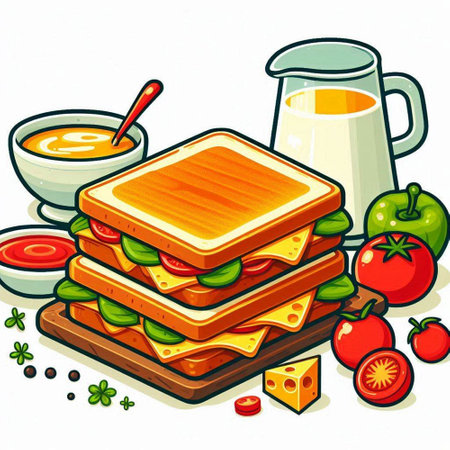 Illustration of a sandwich with cheese, tomato and sauce on a white backgroundのイラスト素材