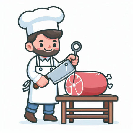 Chef cutting a piece of meat. Vector illustration in cartoon style.のイラスト素材