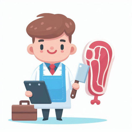 Butcher holding meat steak and tablet. Vector illustration in cartoon styleのイラスト素材