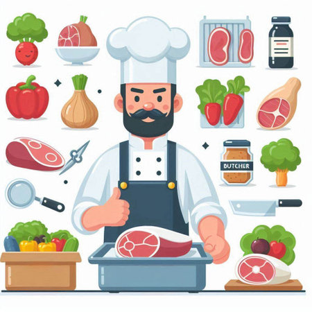 Butcher man in apron cooking meat and vegetables vector illustration.のイラスト素材