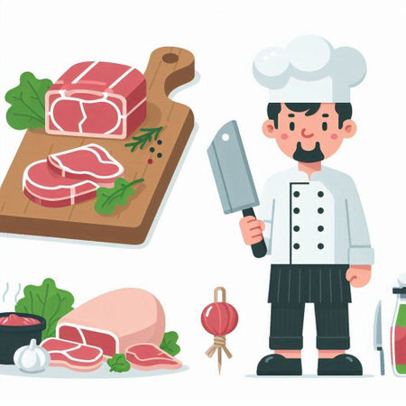 Chef with a knife and meat. Vector illustration in cartoon styleのイラスト素材