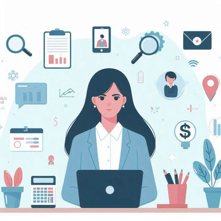 Business woman working with laptop. Vector illustration in flat design style.のイラスト素材