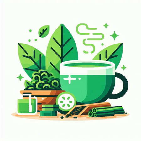 Cup of tea with green leaves, cinnamon sticks and spices. Vector illustration.のイラスト素材