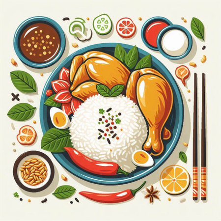 Korean food, rice with chicken and vegetables. Vector illustration.のイラスト素材