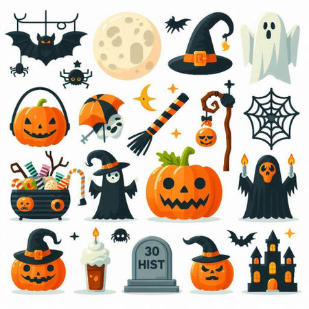 Halloween icons set, cartoon style vector illustration isolated on white background.のイラスト素材