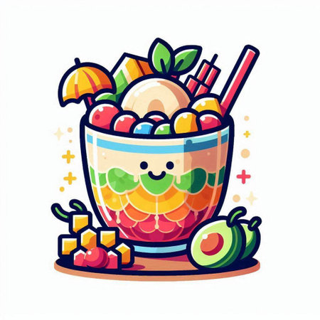Cute fruit salad in a bowl. Vector illustration in cartoon style.のイラスト素材
