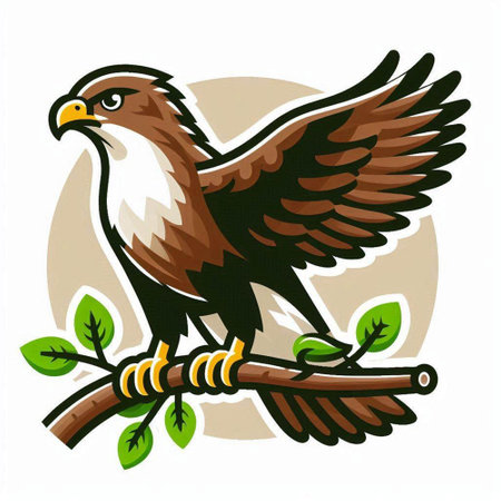 Eagle on a branch with leaves. Vector illustration isolated on white background.のイラスト素材