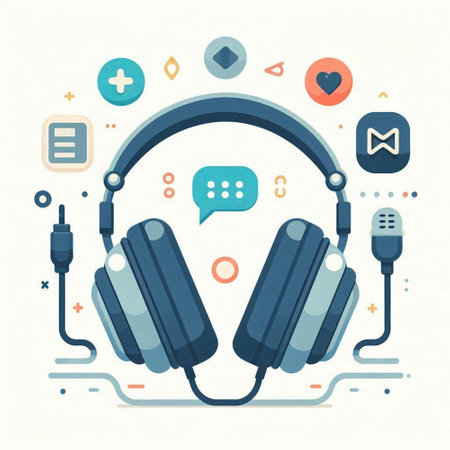 Headphones with microphone and icons. Vector illustration in flat style.のイラスト素材