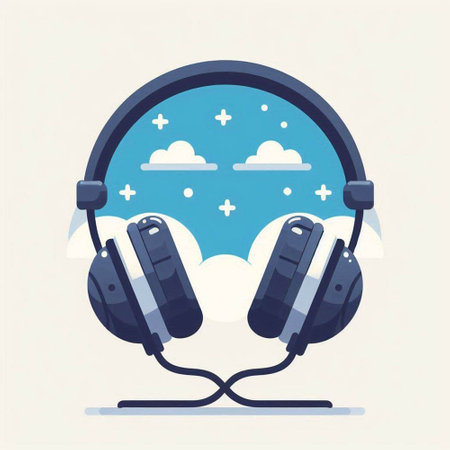 Headphones with clouds in the sky. Flat design vector illustration.のイラスト素材